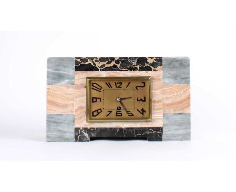 French Art Deco Marble Mantel Clock Circa 1930s, the rectangular dial set with Arabic numerals, the thirty-hour movement no. 