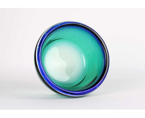 Vicke Lindstrand (Swedish 1904-1983) for Kosta Tapered Circular Bowl  Circa 1960s, graduated from blue to green with clear fo