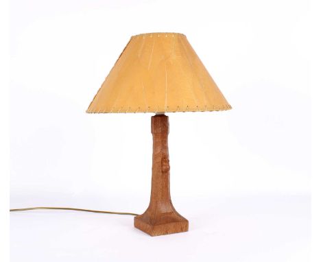 Workshop of Robert "Mouseman" Thompson Carved and Adzed Oak Table Lamp The octagonal tapered column bearing carved mouse sign