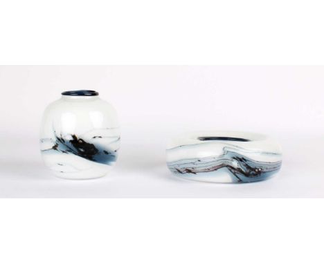 Michael Bang for Holmegaard "Atlantis" Ovoid Vase and Circular Dish  Opaque white glass with inky trailing, the vase unmarked