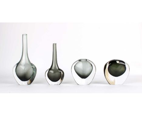 Nils Landberg (Swedish 1907-1991) for Orrefors Four "Dusk" Vases  Circa 1950s, two of graduated bottle form and two flattened