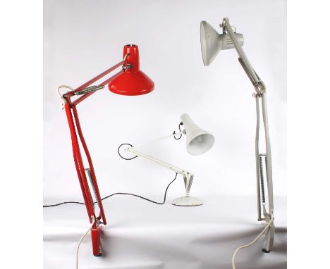 Three Industrial Table Lamps Circa mid-20th century, comprising single "Anglepoise" in white and two clamp-action lamps by Le