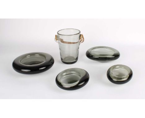 Per Lütken (Danish 1916-1998) for Holmegaard Group of Five "Smoke" Wares  Comprising two circular dishes, two graduated oval 