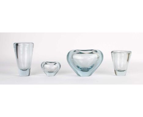 Per Lütken (Danish 1916-1998) for Holmegaard Group of Four "Ice Blue" Wares  Comprising a "Herzen" vase, corresponding miniat