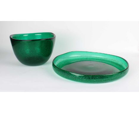 Arne Jon Jutrem (Norwegian 1929-2005) for Hadeland Glassworks Large "Grønland" Bowl & Charger  Green glass with profuse bubbl