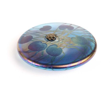 John Ditchfield for Glasform "Lilypad" Iridescent Glass Paperweight Mounted with a small cast metal frog, retaining original 