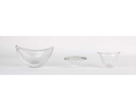 Tapio Wirkkala (Finnish 1915-1985) for Iittala Two Line-Cut Vessels & Candle Holder  Circa 1950s, comprising two navette-form