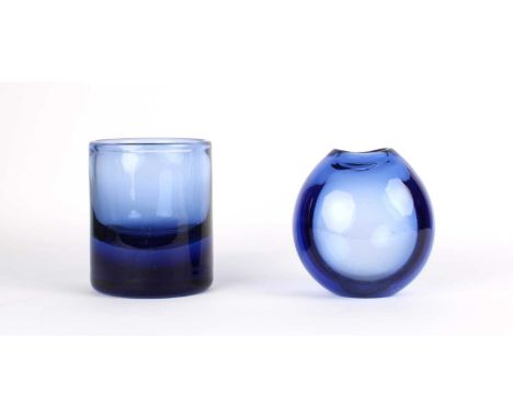 Per Lütken (Danish 1916-1998) for Holmegaard Two Rare "Capri Blue" Vases  The taller cylinder form, no. 3470, the second "Dro