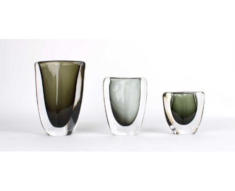 Nils Landberg (Swedish 1907-1991) for Orrefors Three Graduated "Dusk" Vases Circa 1950s, of flattened and shaped oval form, a