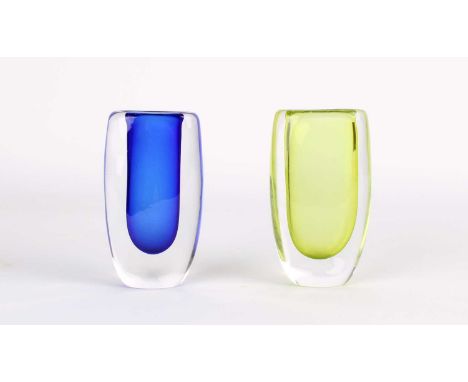 Vicke Lindstrand (Swedish 1904-1983) for Kosta Two Miniature Vases  Circa 1960, clear cased with blue and yellow interior res