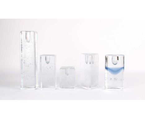 Timo Sarpaneva (Finnish 1926-2006) for Iittala Five "Arkipelago" Candlestick Holders  Textured clear glass with internal bubb