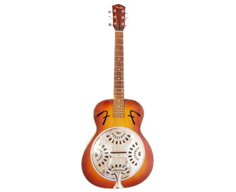 Fender resonator guitar, diamond inlaid bound rosewood fingerboard, sunburst finish top with Fender 'F' soundholes, circular 