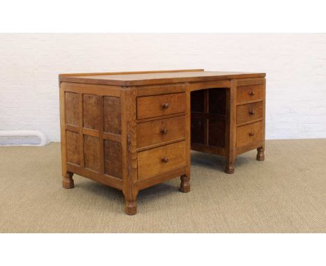 Robert "Mouseman" Thompson of Kilburn Large and Impressive Oak and Pollard Oak Desk Circa 1950s, the galleried and adzed top 