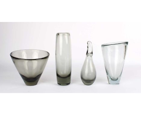 Per Lütken (Danish 1916-1998) for Holmegaard Four "Smoke" Wares  Comprising a "Hellas" vase, an angled and tapered circular v