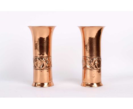 Ernest Harrison, Keswick Pair of Arts & Crafts Hammered Copper Sleeve Vases Early 20th century, with flared rims and repousse