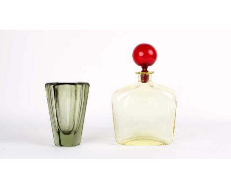 Vicke Lindstrand (Swedish 1904-1983) for Kosta Decanter & Vase  Circa 1960s, the former pale yellow with original red stopper