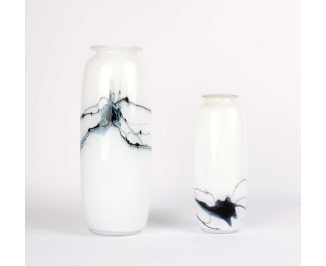 Michael Bang for Holmegaard Large & Medium "Atlantis" Vases  Opaque white glass with inky trailing, unmarked.  The large vase