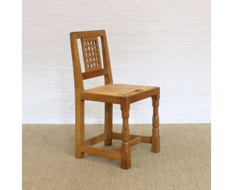 Robert "Mouseman" Thompson of Kilburn Oak "Lattice-Back" Dining or Side Chair Circa 1950s, the angled back with "lattice" spl