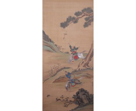 AFTER ZHAO YONG (19TH CENTURY) HUNTING ON HORSEBACK A Chinese hanging scroll painting, ink and colour on silk, signed wu xing