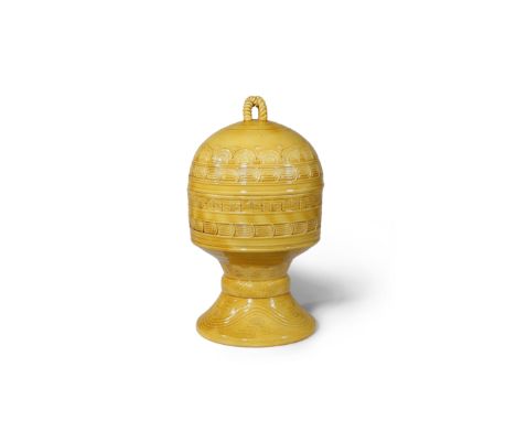 A CHINESE YELLOW GLAZED CIRCULAR ALTAR VESSEL AND COVER, DOU SIX CHARACTER TONGZHI MARK AND OF THE PERIOD 1862-74 The deep bo