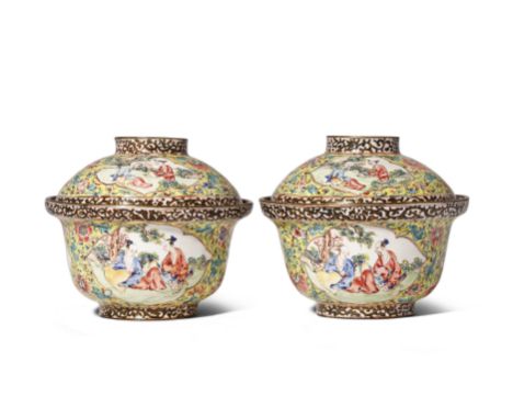 A PAIR OF CHINESE FAMILLE ROSE CANTON ENAMEL BOWLS AND COVERS 18TH CENTURY Each bowl and each cover decorated with three shap
