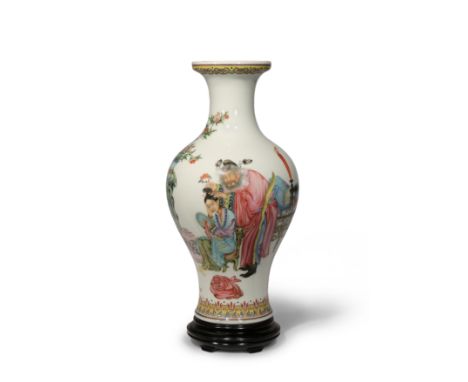 A CHINESE FAMILLE ROSE VASE REPUBLIC PERIOD Finely painted in enamels with Zhong Kui pinning a flower from a blossoming and f