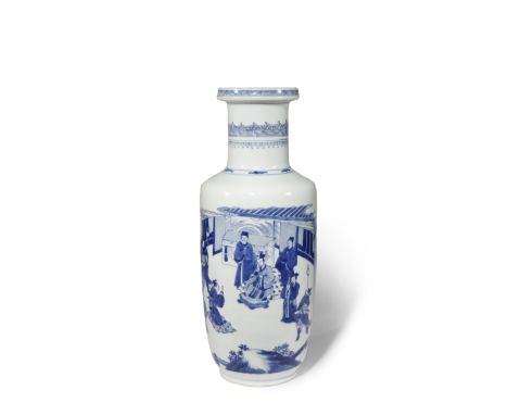 A CHINESE BLUE AND WHITE ROULEAU VASE KANGXI 1662-1722 Depicting a figure bearing a hu tablet as he kneels before a seated di