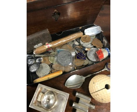 Mahogany tea caddy, box of coins and coronation medals and various odds. 