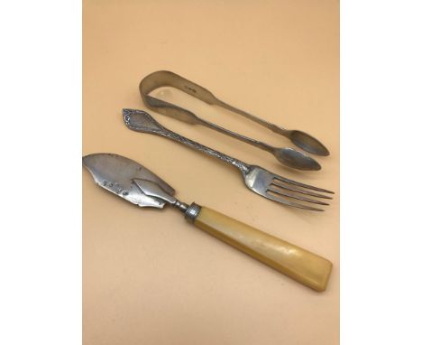 A Georgian silver sugar tongs, Solid silver ornate fork &amp; Georgian Birmingham silver serving knife. 