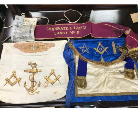 A Victorian hand painted masonic hide apron, Together with one other, sash &amp; certificate. 