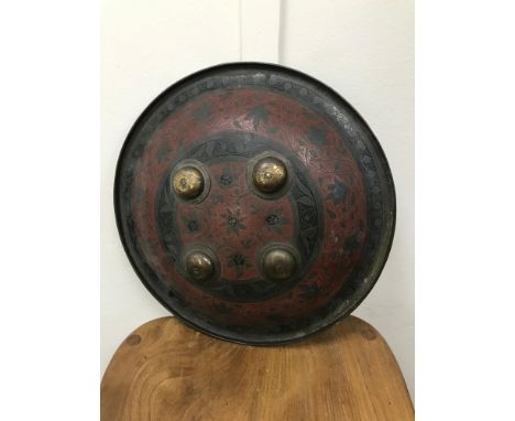 Antique Benares Indian Shield. Round brass and enamel decorations. Measures 35cm in diameter 
