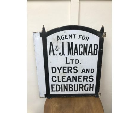Original double sided enamel sign "Agent for A &amp; J Macnab LTD. Dyers &amp; Cleaners Edinburgh. Falkirk Iron Co. Measures 