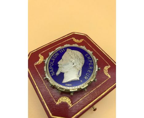 A 1870 Napoleon III 5 Franc silver and enamel swivel coin brooch. (Missing pin) 