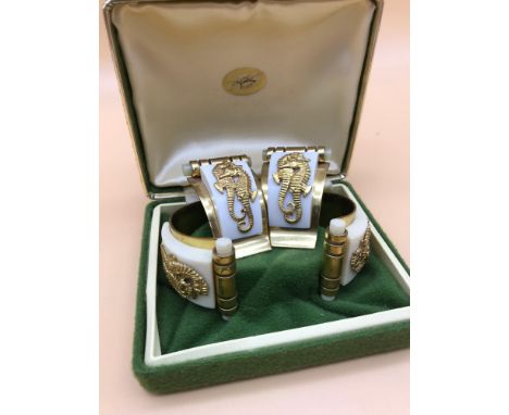 Vintage Art Deco French Jean Painleve Galalith seahorse dress bangle set. 