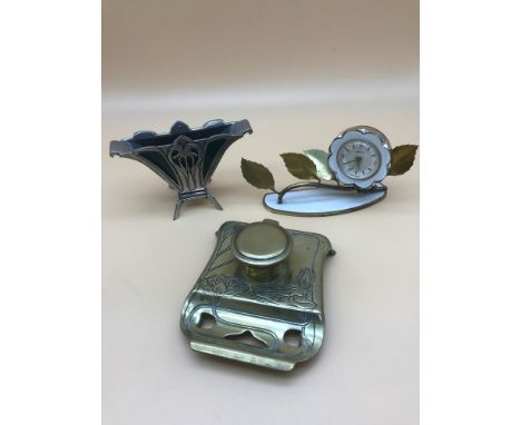 Art Nouveau ink well pot, Pewter &amp; enamel Art Nouveau vase and Kaiser West German flower design alarm clock 