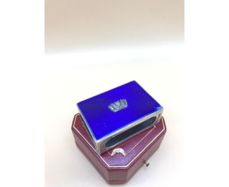Birmingham silver and blue enamel matchbox holder. Makers Barker Brothers Silver Ltd. 