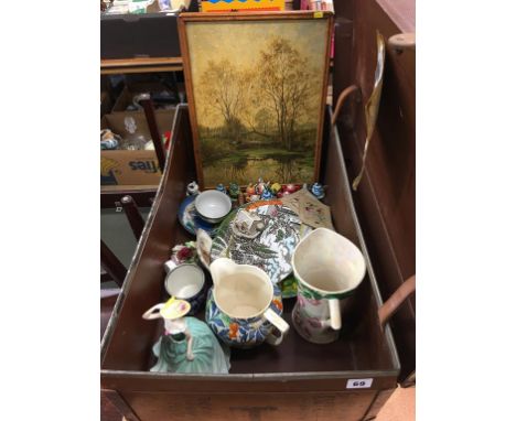 Trunk and contents including Maling, Royal Doulton figure etc.