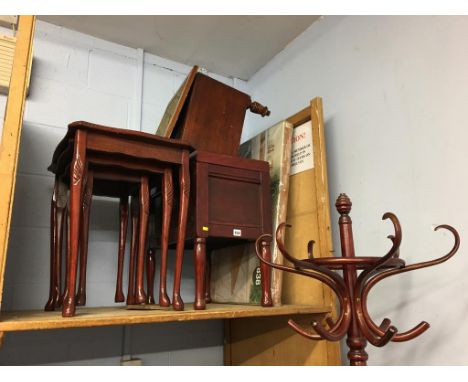 Nest of tables, commode and a coat stand