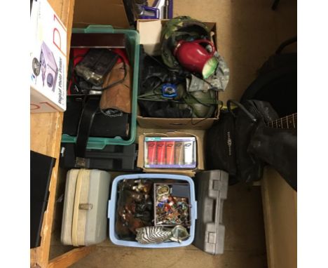 Shelf of assorted military uniform, guitar etc.