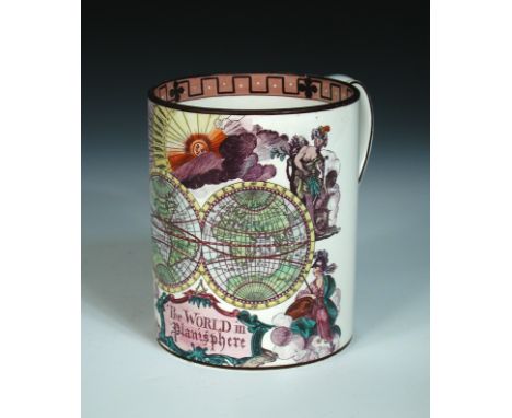 A 19th century pearlware quart mug, 'The World in Planisphere', transfer printed and handcoloured with a double hemisphere wo