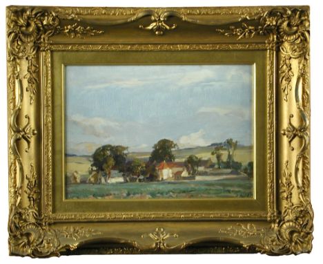 Robert Hope (British, 1869-1936) A Farmhouse in a landscape signed lower right "R Hope" oil on board 24 x 34cm (9 x 13in)  Co