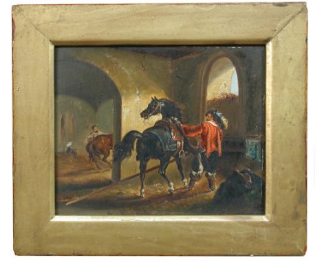 Austrian School (19th Century)  Lipizzaners being trained to high step to the pole oil on tin, in bronzed frames (a pair) 16 
