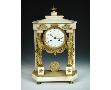 A French 19th century white marble and gilt metal mounted portico clock, the white dial inscribed Bidan a Moulin, with Roman 