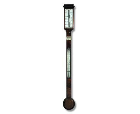 A 19th century mahogany stick barometer by Hughes, London, the signed register above the maker's plate and arched thermometer