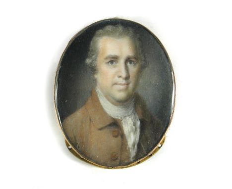 Ozias Humphry (British, 1742-1810) Portrait miniature of a gentleman wearing brown jacket and white stock watercolour, in a y