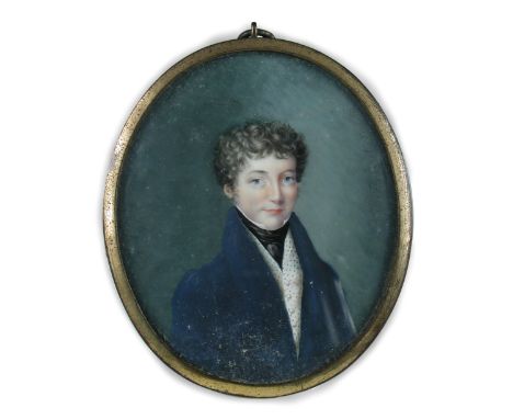 Michael Theweneti (British, 19th Century) Portrait miniature of a young man wearing blue jacket, spotted waistcoat and black 