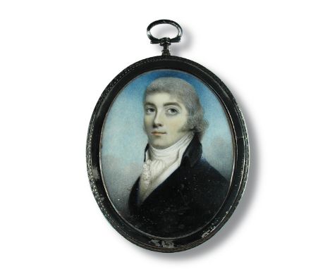 English School (18th Century)   A memorial portrait miniature of a young gentleman wearing a blue coat and white stock, the r