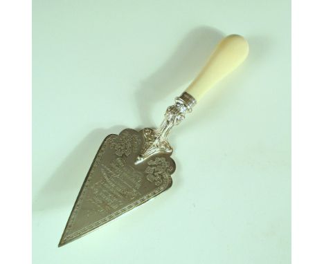 A Victorian silver commemorative trowel, by John Round & Co, Sheffield 1898, with triangular bright cut engraved blade with p