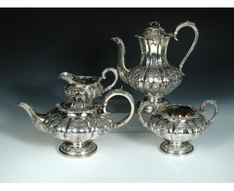 A William IV silver four piece tea and coffee set, by William Hewitt, London 1837, comprising a teapot of melon shape raised 