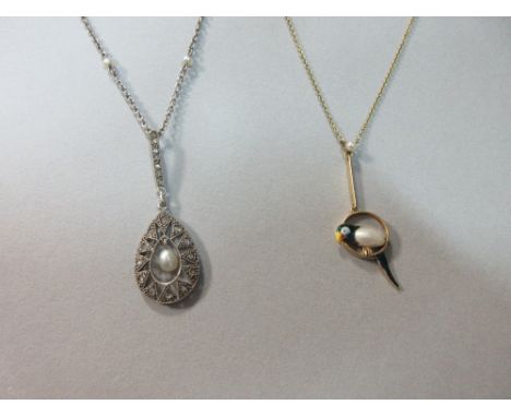 A vintage French pearl and diamond pendant together with a pearl and enamel parrot pendant, the first of pierced drop form wi